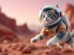 Cat in a space helmet on Mars, looking curious.